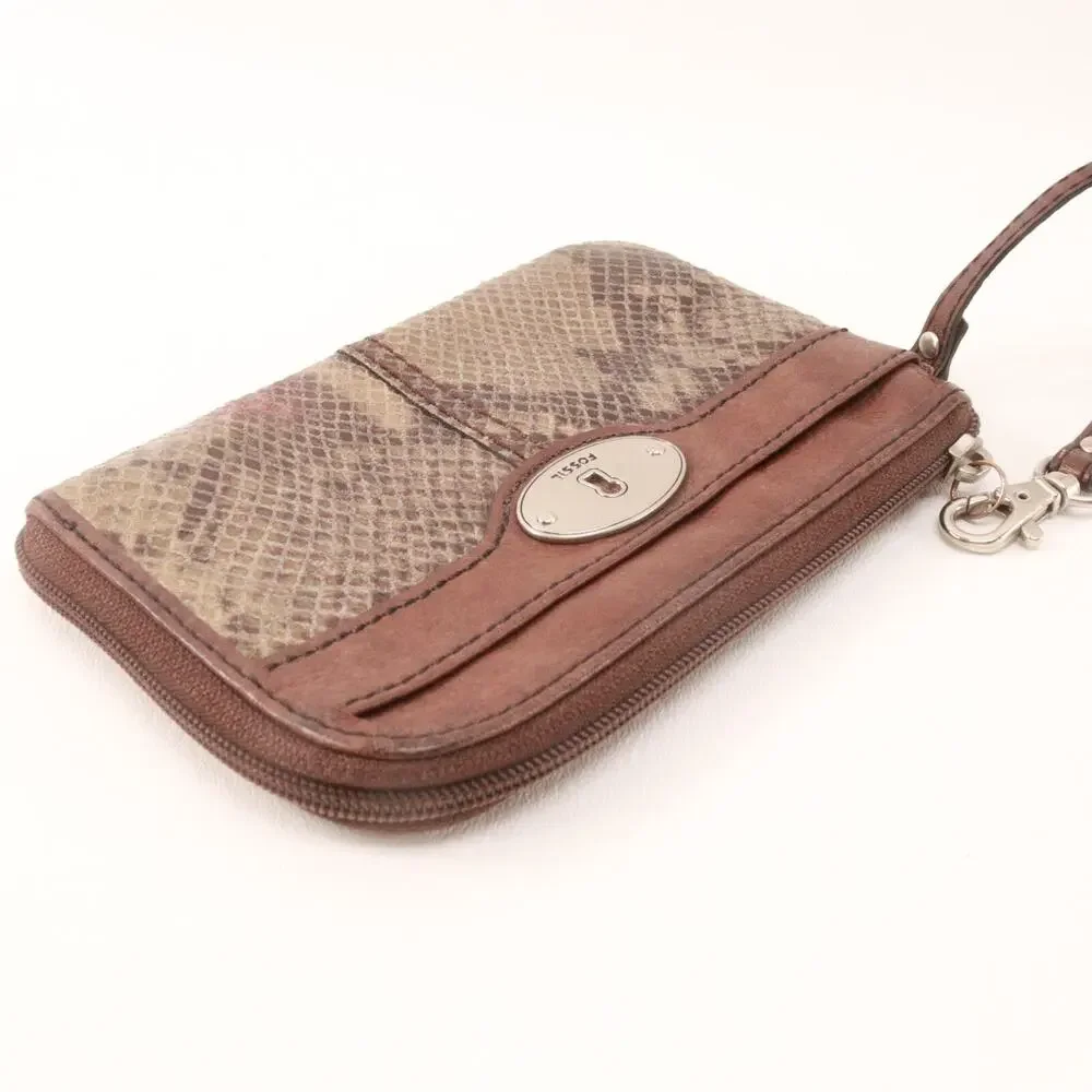 Vtg Fossil Wristlet Handbag Women Mini Brown Snakeskin Leather Purse Bag
